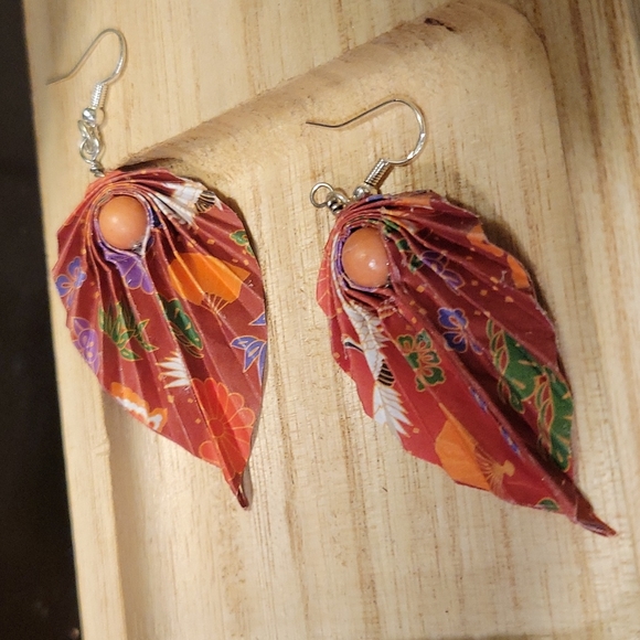 Hand Folded Origami Leaf Earrings Burnt Orange with Matching Bead Sterling - Picture 7 of 8